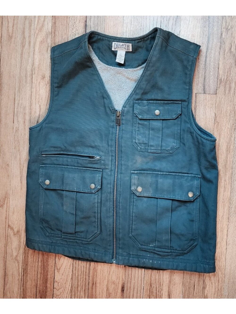 Duluth Trading Co Sherpa Lined Duck Canvas Workwear Vest Heavyweight Drab green